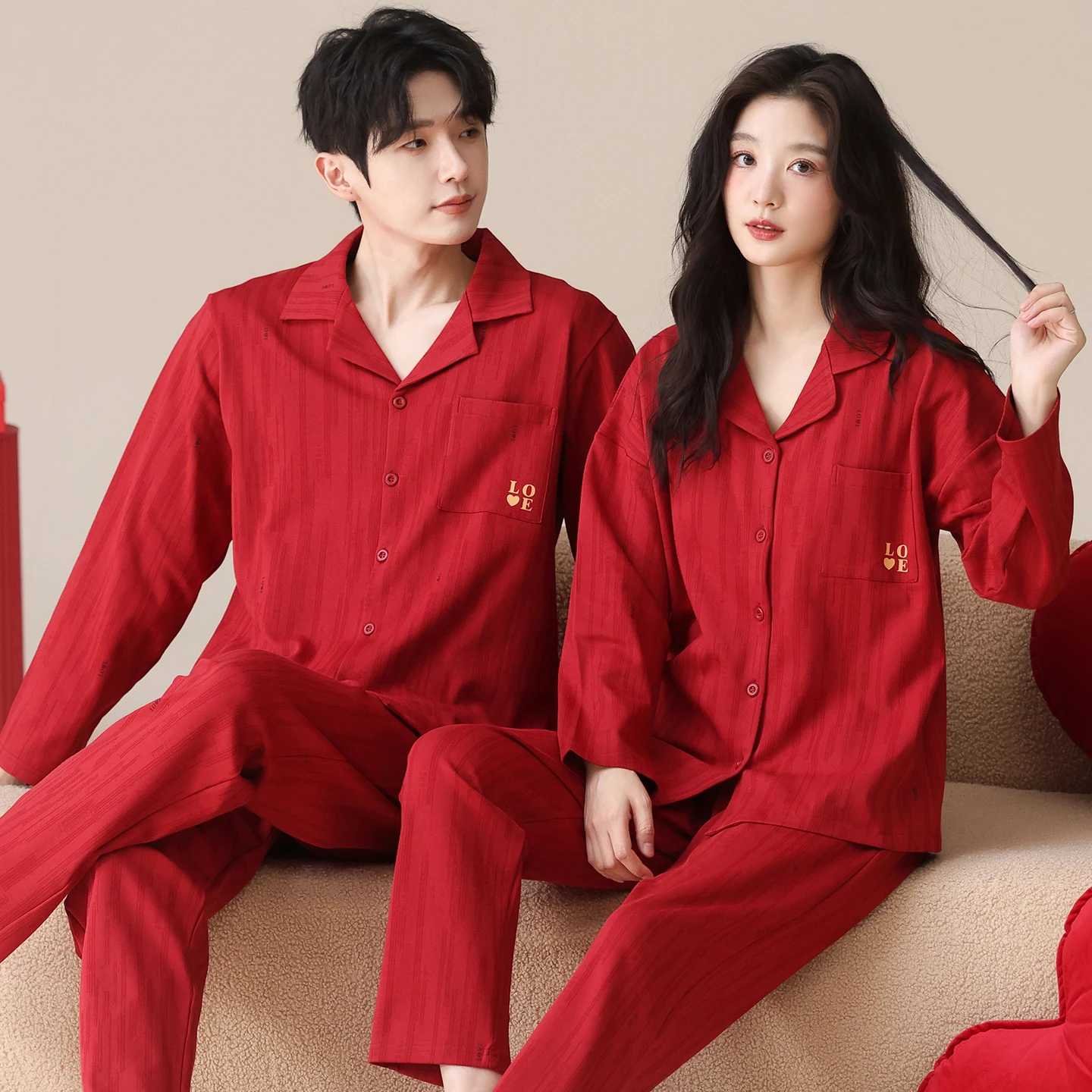 Autumn Couples Sleepwear Festival Red Cardigan Pajamas Set Long Sleeve Lovers Pyjamas Suit Male & Female Cotton Pijamas Mujer