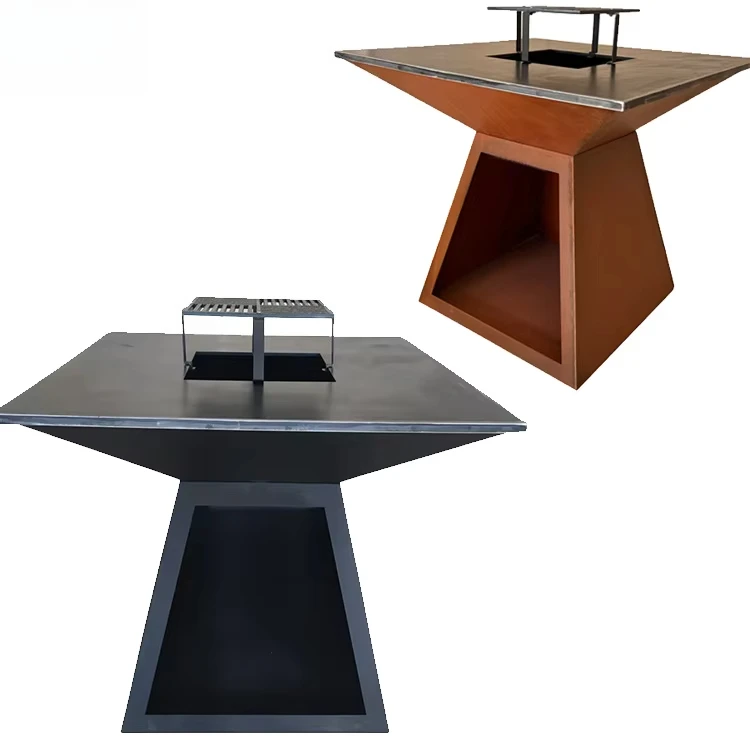 Simple square corten steel camping iron plate barbecue grill rusty metal wood burning heating stove fire pit