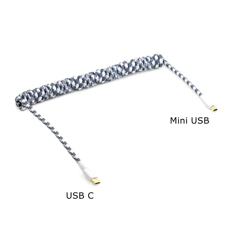 Multicolor DIY Coiled USB Type C to Mini USB Male to Male T Shape Port Stretch Spring Curl Mechanical Keyboard data Cable Type-C