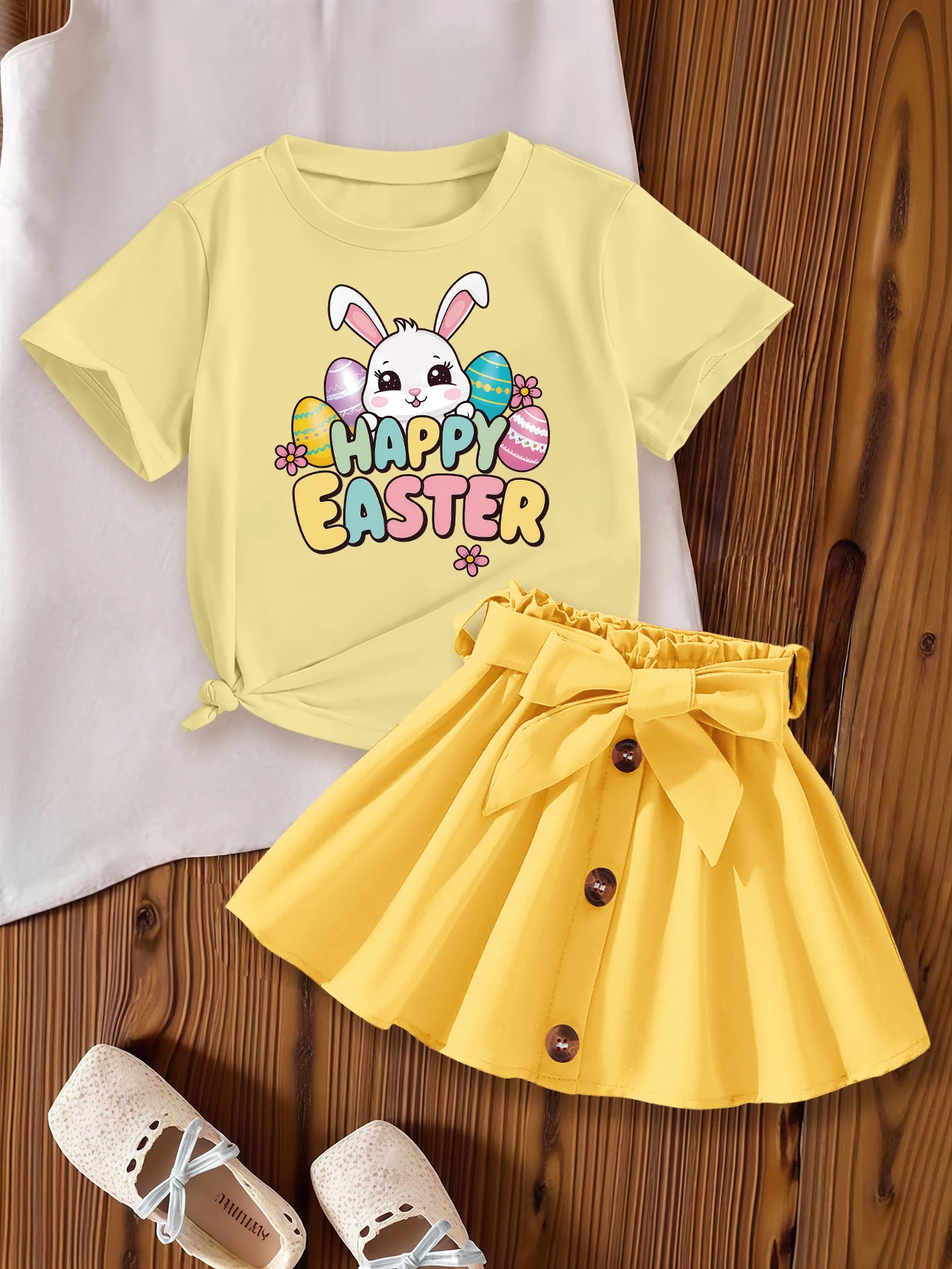 

2 Pieces, Easter, Cartoon Rabbit, Easter Eggs, Summer Girls' Cute and Sweet Short-Sleeved Dress Set