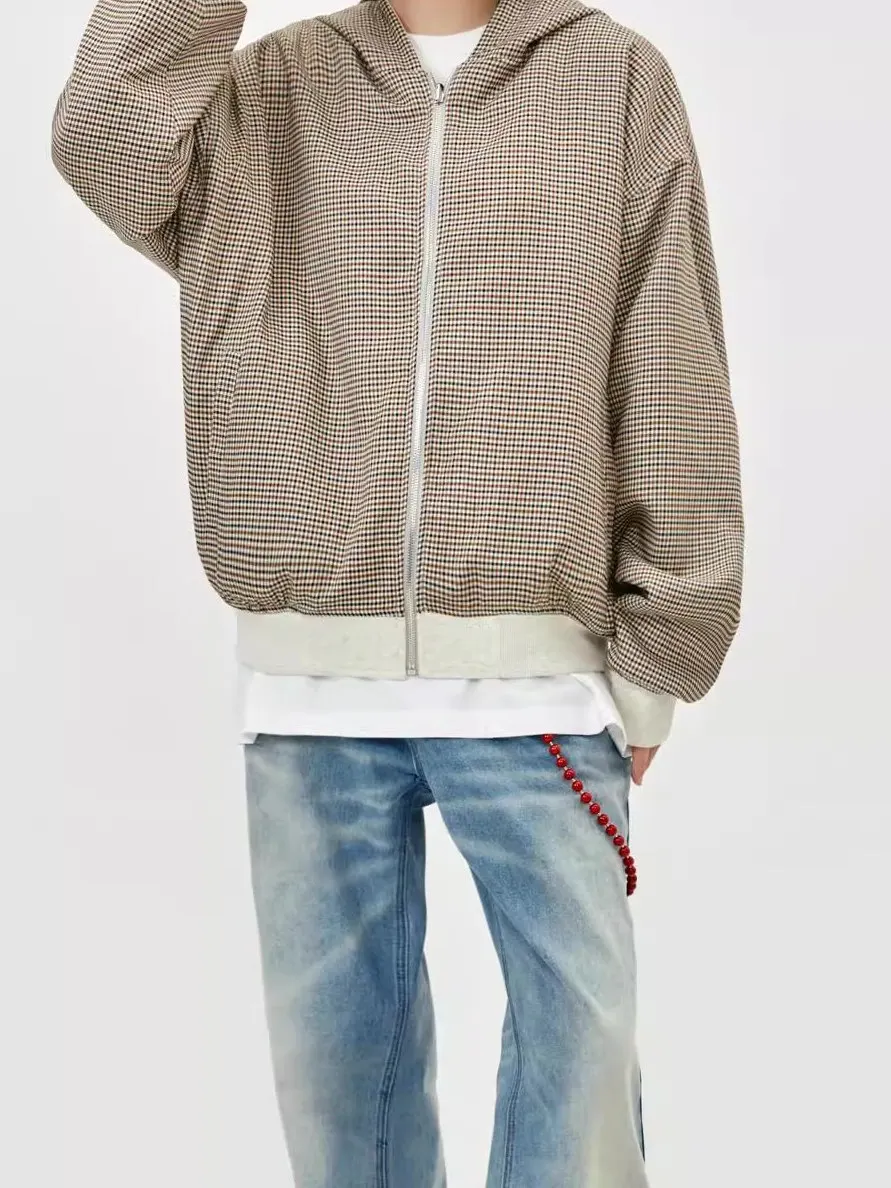 

Двустороннее клетчатое пальто в американском стиле в стиле ретро, весенне-осеннее свободное простое пальто для пар, открытый кардиган с капюшоном Jaet