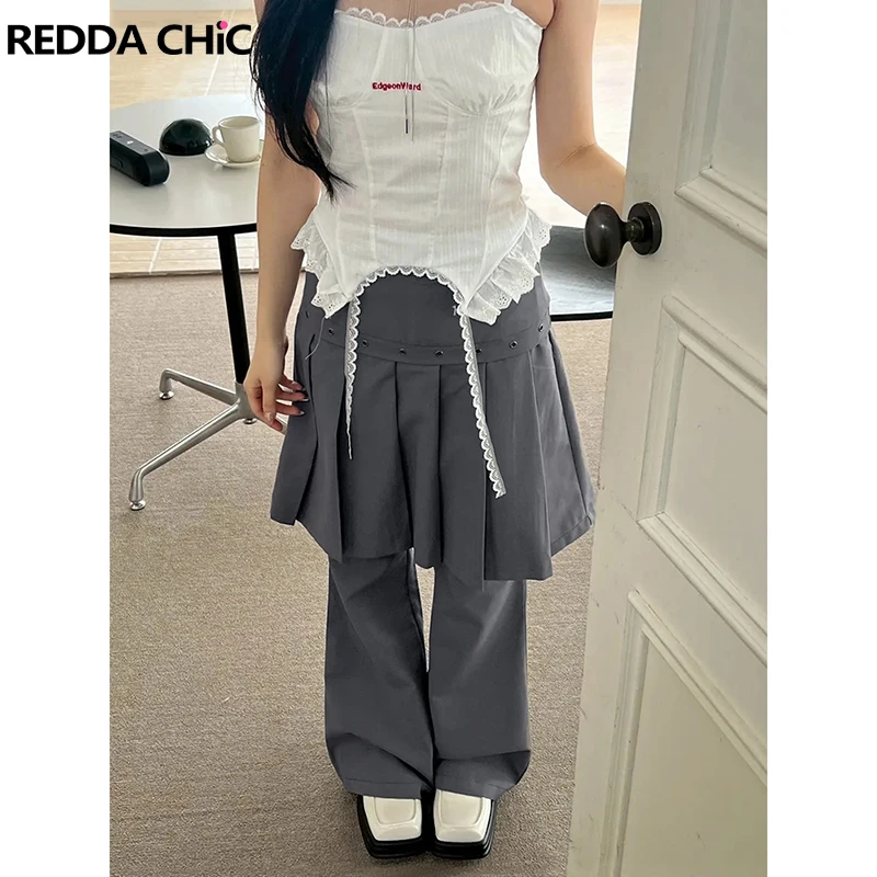 ReddaChic Eyelet Skirt Wrap Pants Trendy Korean Pleated Wide Leg Bootcut Plain Casual Suit Trousers Grunge Women Acubi Fashion