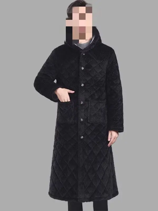 Thickened Three-Layer Long Cotton Jacket with Inner Fleece Loose Men's Outerwear Coat Warm Casual Style Button Closure