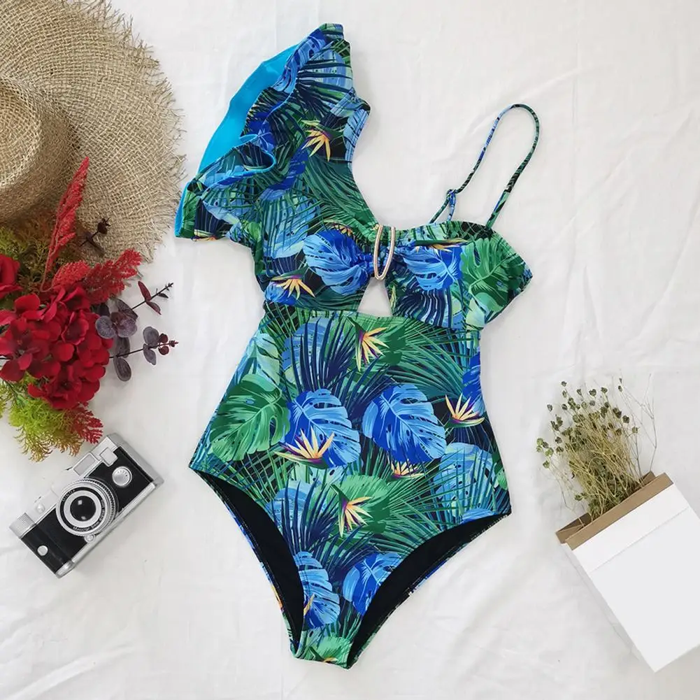 

Women Monokini Swimsuit Tropical Leaves Print One-piece Bikini With Ruffle Sleeve V-neck For Women Sexy Monokini Swimwear