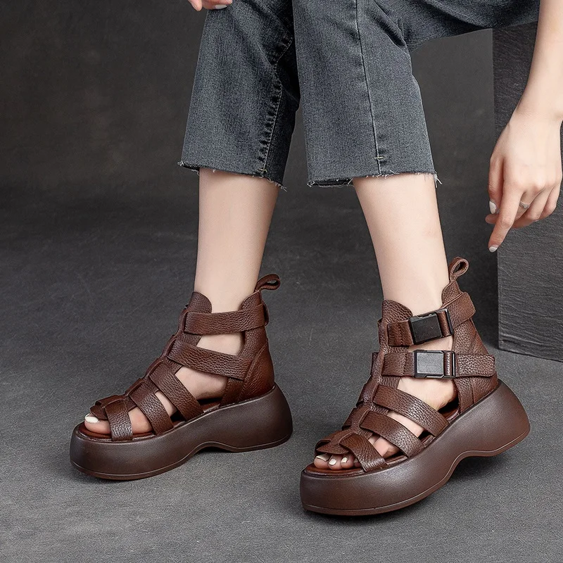 DRKANOL Handmade Women Sandals 2024 Retro Open Toe Summer Wedges Heel Shoes Women High Top Open Toe Platform Gladiator Sandals