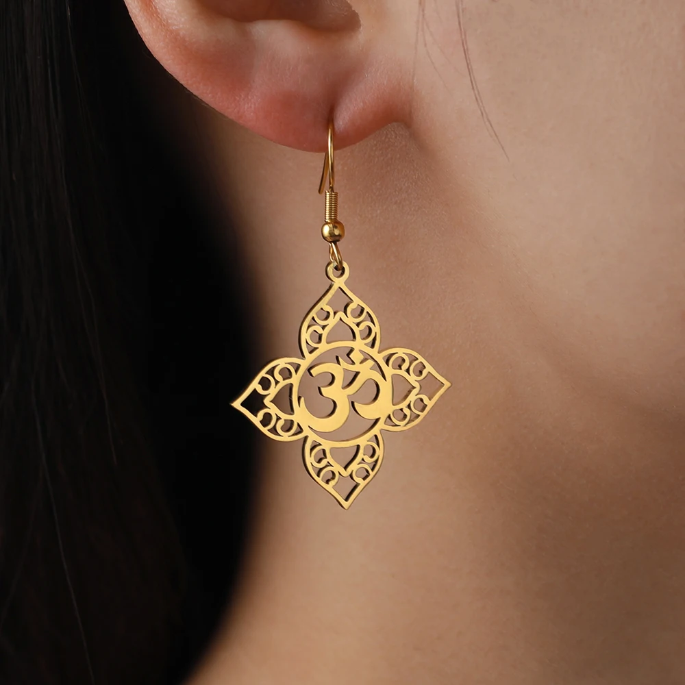 Dawapara Yoga Lotus OM Symbol Dangle Earrings for Women Aum Ohm Spiritual Amulet Chakra Pendant Stainless Steel Jewelry