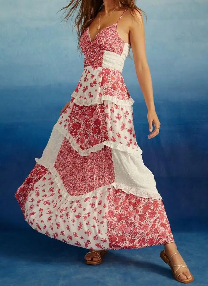 ผู้หญิงฤดูร้อนโบฮีเมียนวันหยุดชุดยาวดอกไม้พิมพ์สปาเก็ตตี้ Cami ชุดแฟชั่น V คอชุดลําลอง S M L