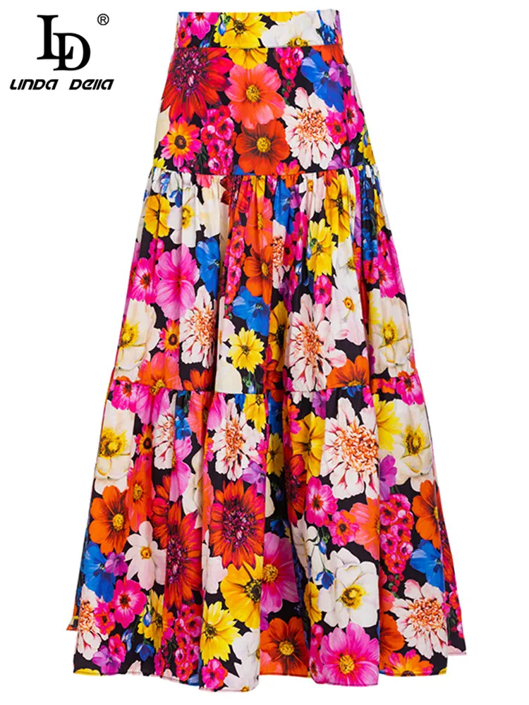 

LD LINDA DELLA 2023 Summer Runway Fashion Cotton Skirts Women's Bohemia Vacation Floral print Elegant Midi Skirts