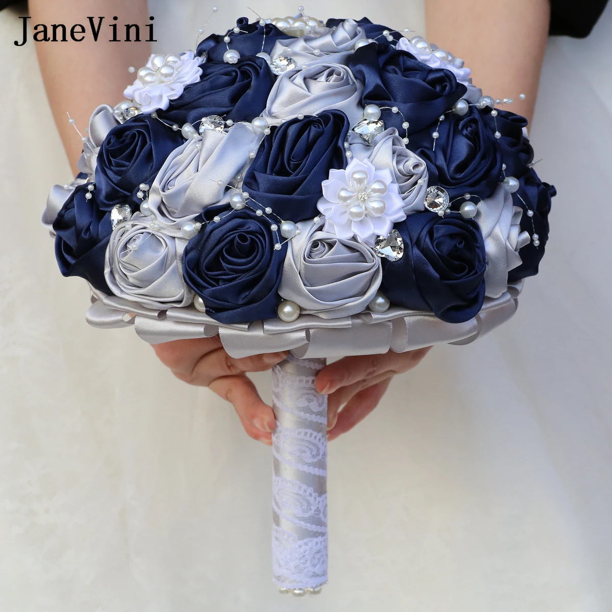 JaneVini 2024 Ramo De Novia Vintage Navy Blue Silver Wedding Bouquets Bridal Artificial Flowers Crystal Pearls Bride Bouquets