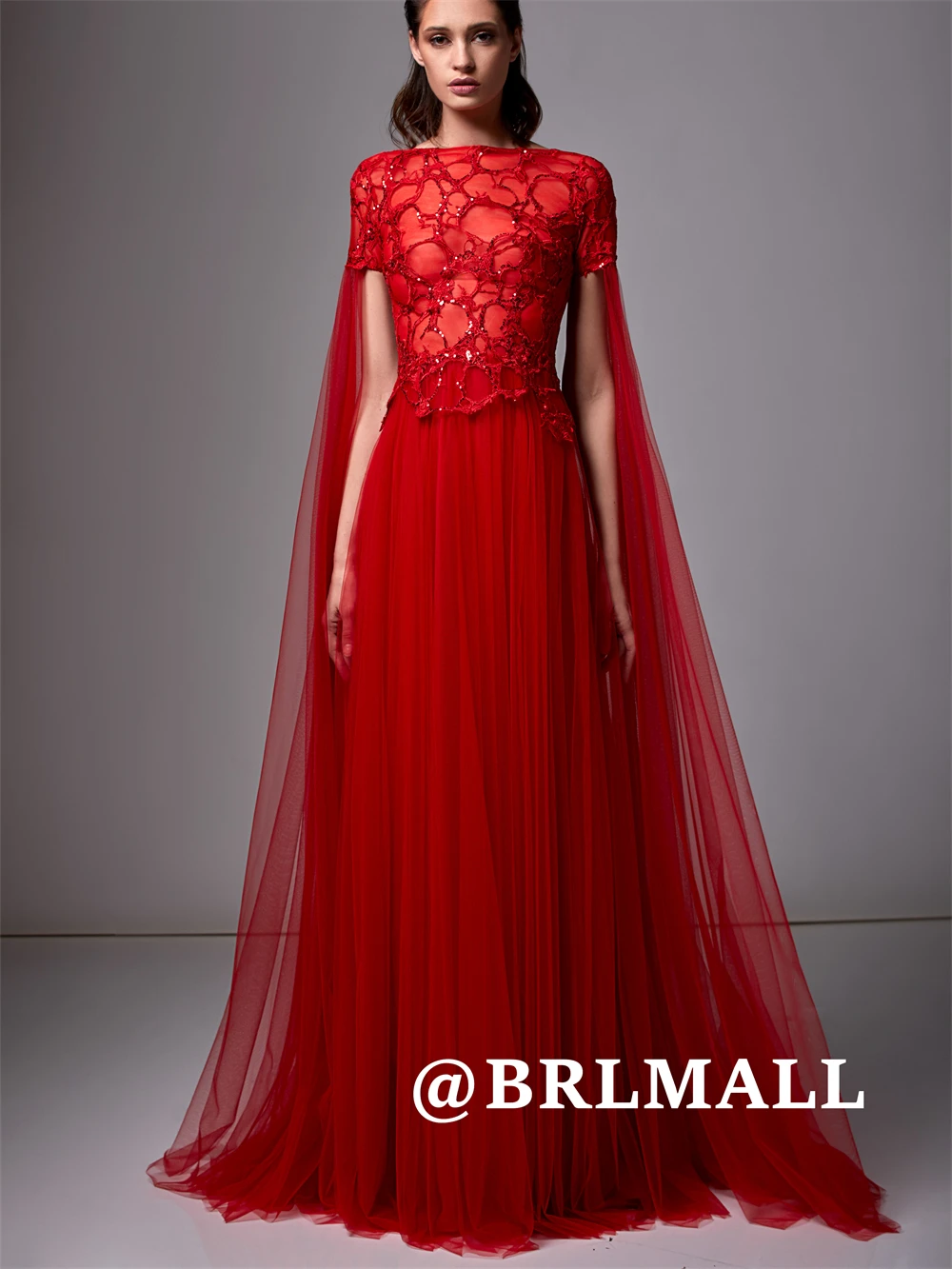 

BRLMALL Beaded O Neck Prom Dress A Line Long Evening Dresses for Women Shawl Party Gowns Customized Size Cocktail Gowns