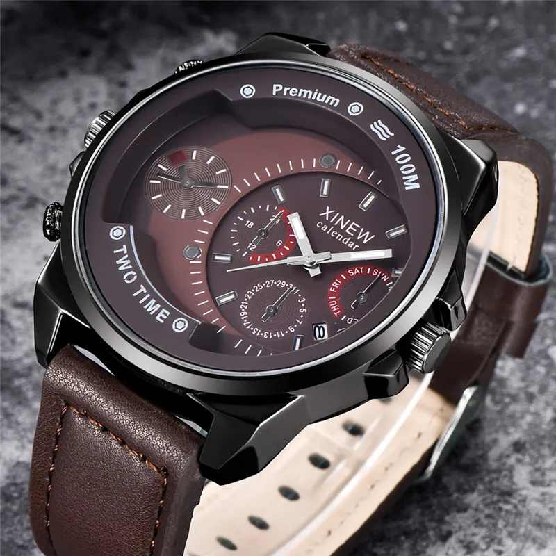 XINEW 남성용 가죽 밴드 시계, 심플한 날짜, 빈티지 쿼츠 시계, 정품 브랜드, 저렴한 패션, Erkek Barato Saat Montre Homme