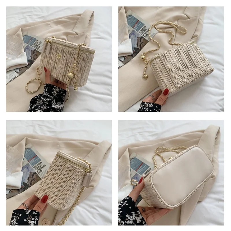 Vintage Box Shape Straw Bags for Women Summer Beach Chain Shoulder Bags Versatile Fashion Casual Shopping Crossbody Packs