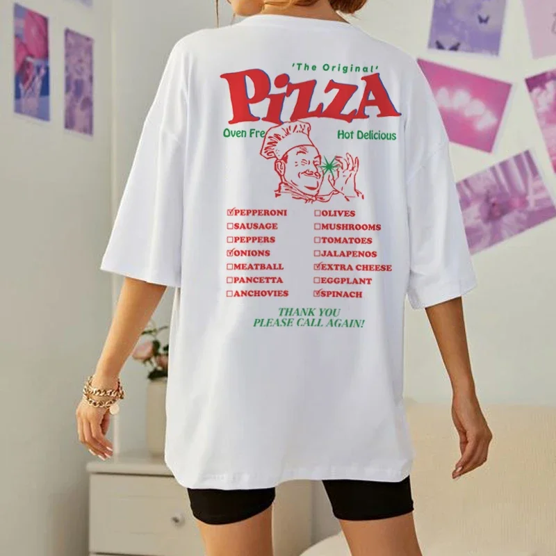 Women Retro Funny Pizza T-Shirts Loose Back Print Streetwear Graphic Tops Cute Food T Shirt Unisex Vintage Grunge Tees Clothes