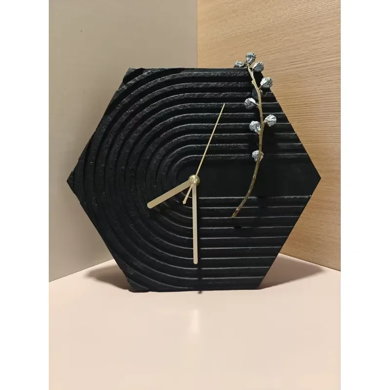 Natural black marble wall clock hexagonal sculpture art clock suitable for hotel office living room decoration