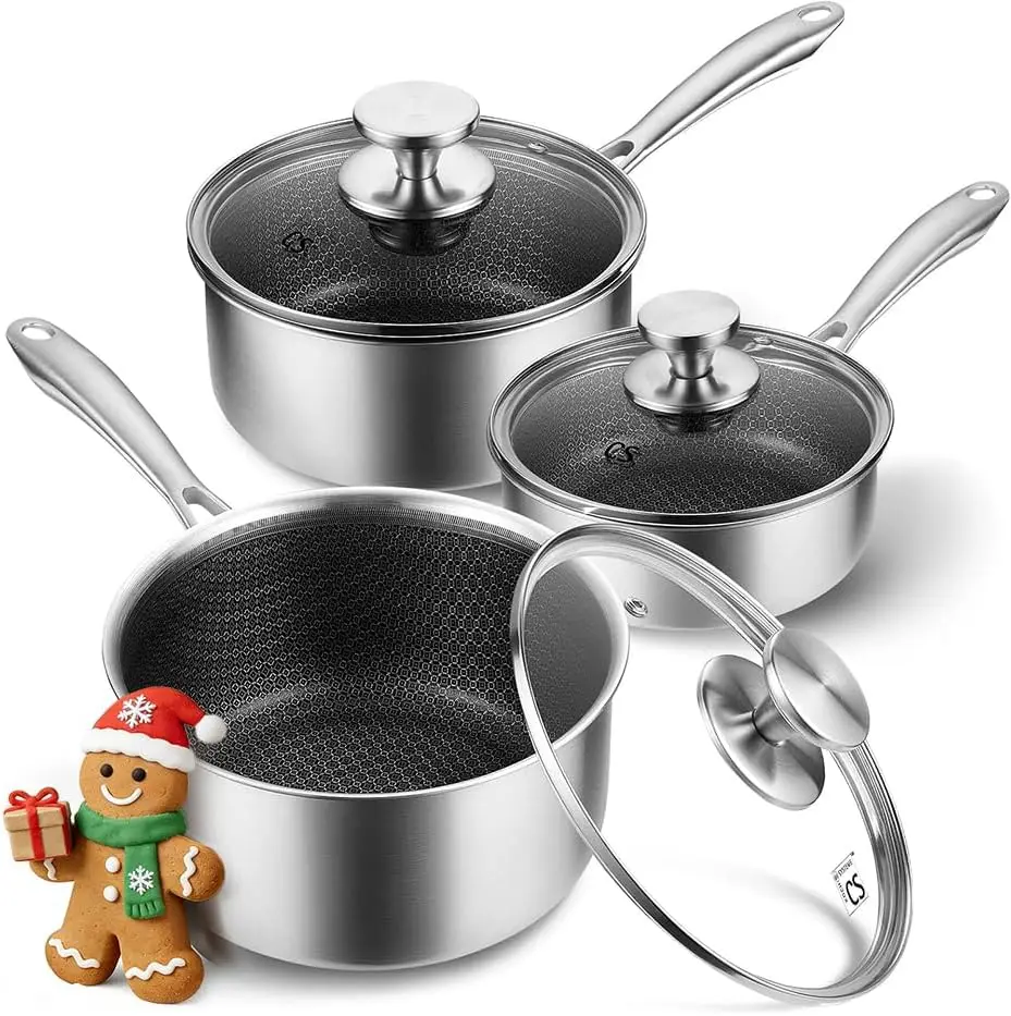 

Hybrid Honeycomb Nonstick Stainless Steel Saucepan Set, 6-Piece Triply Induction Ready Cookware