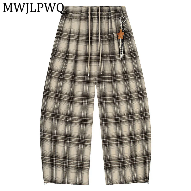

MWJLPWQ Spring Summer American-Style Plaid Curved Trousers Men Women Loose Relaxed Wide-Leg Pants Casual Machete Bottom 16347