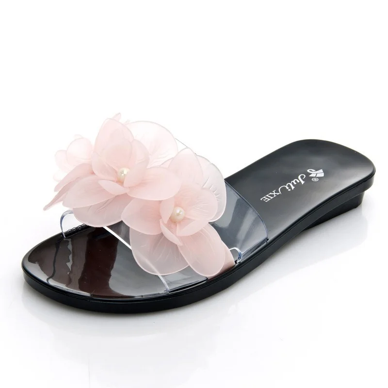 Summer Jelly Slippers Women\'s Single Shoes Flower Crystal Sandals Slippers Fashion Flat Transparent Non-slip Outer Beach Slides