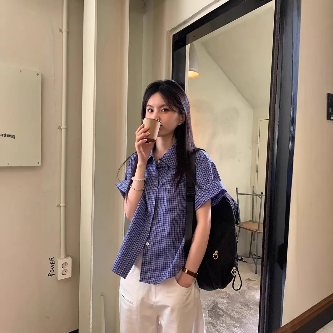 

Wooden House Hong Kong Sle Plaid ort Sve Casual irt Lazy Sle Top Summer New Arrival Women's Polyester Fiber 00%