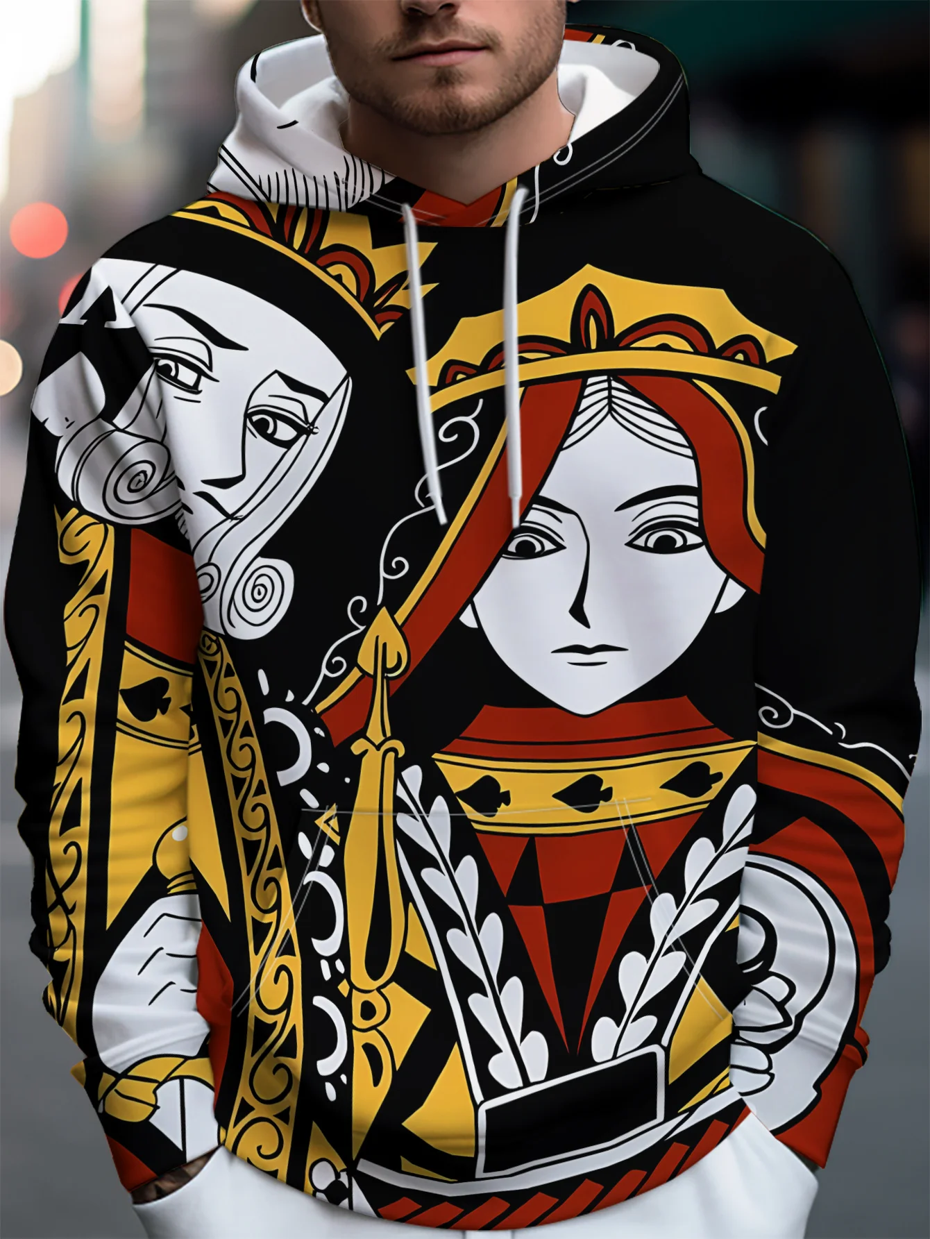 Men Classic Queen Poker Card Retro Crown 3D All Over Print Hoodie Drawstring Pocket Long Sleeve Casual Street Sweatshirt