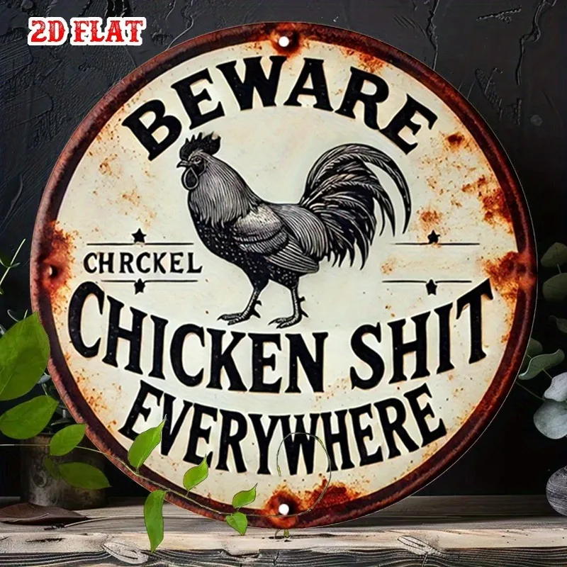 2D-Flach, 1 Stück, runde Aluminiumschilder mit der Aufschrift „Vorsicht, Huhn“, humorvolle Bauernhaus-Dekoration, Retro-Metallschild für Zuhause, Garage, Café, Esszimmer