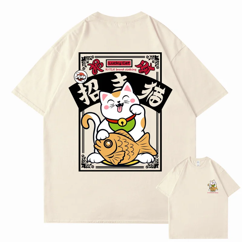 Hip hop streetwear Harajuku T-shirt Japan Fortune Cat 2025 men's summer 100% cotton casual short sleeved T-shirt Japanese style