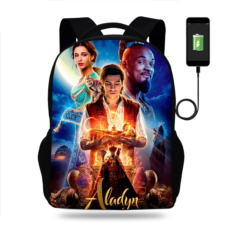 Fashion Aladdin Cartoon Backpack Boy Girl Teenager School Bag USB Charging Daily Travel Large Capacity Backpack Mochila