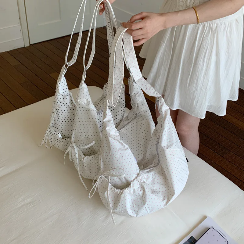 Korean Polka Dot Ruched Crescent Bag for Schoolgirl Large Capacity Bow Shoulder Crossbody Purse Versatile Casual Tote Handbag