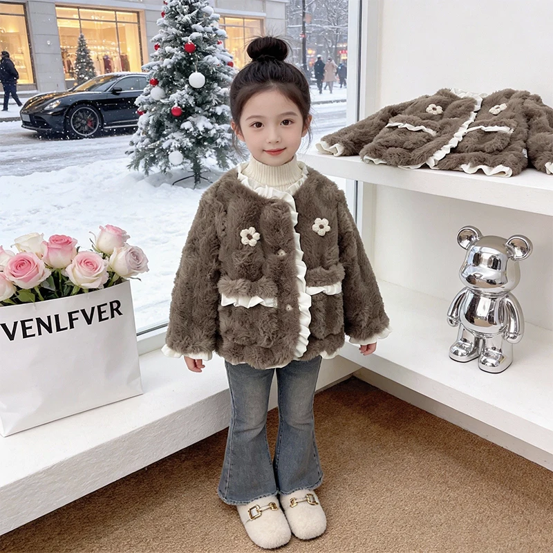 Girls' Western Style Plush Coat Jacket Autumn and Winter New Korean Style Baby Girl Fleece Lined Padded Warm Keeping Top
