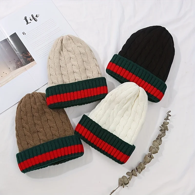Winter Warm Twist Knitted Hat Fleece Lined Fashionable Versatile Cable Knit Cap for Men And Women