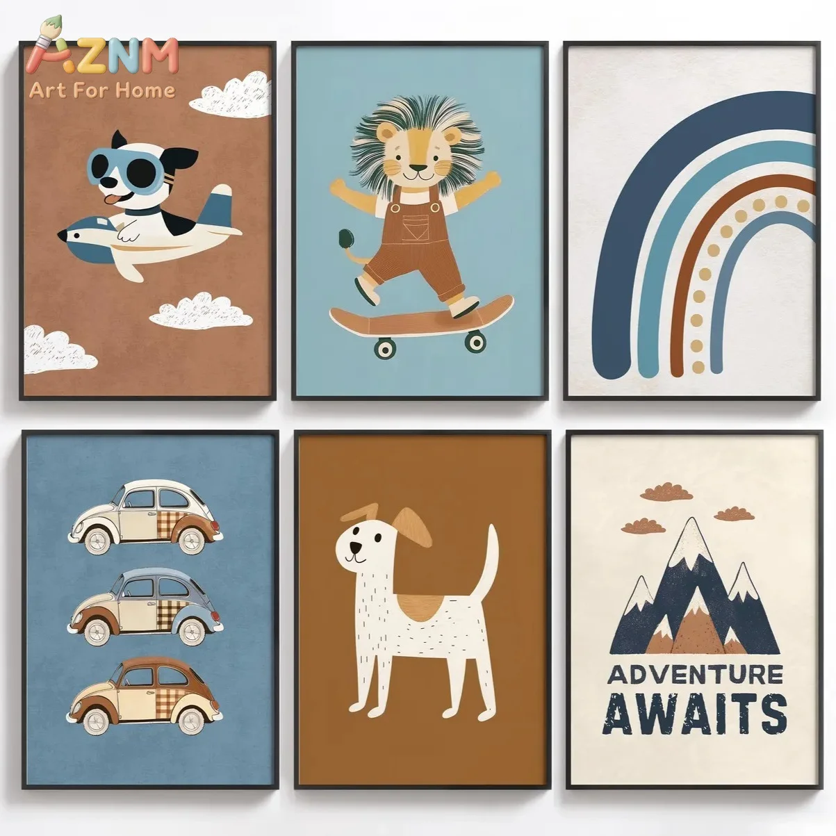 AZNM Boho Adventure Kids Canvas Wall Art Cute Dog Airplane Lion Skateboard Vintage Car Rainbow Mountain Cartoon Print Neutral To