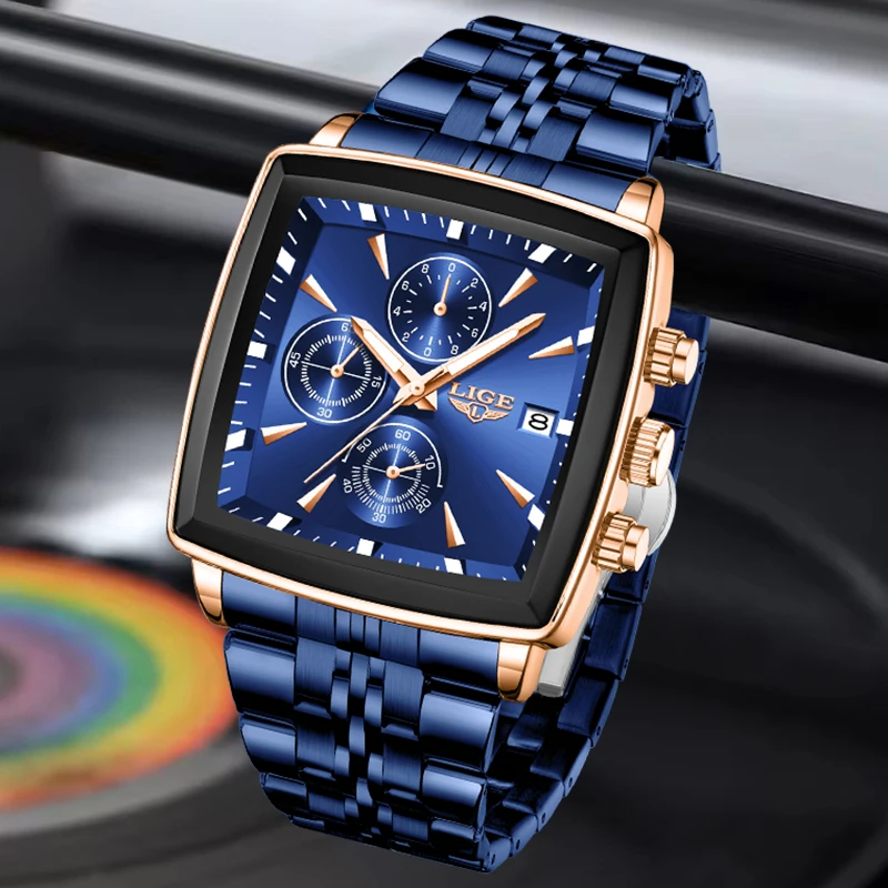 

LIGE Sports Wristwatch For Men Fashion Military Waterproof Square Chronograph Quartz Men's Watches Casual Luminous Watch Man