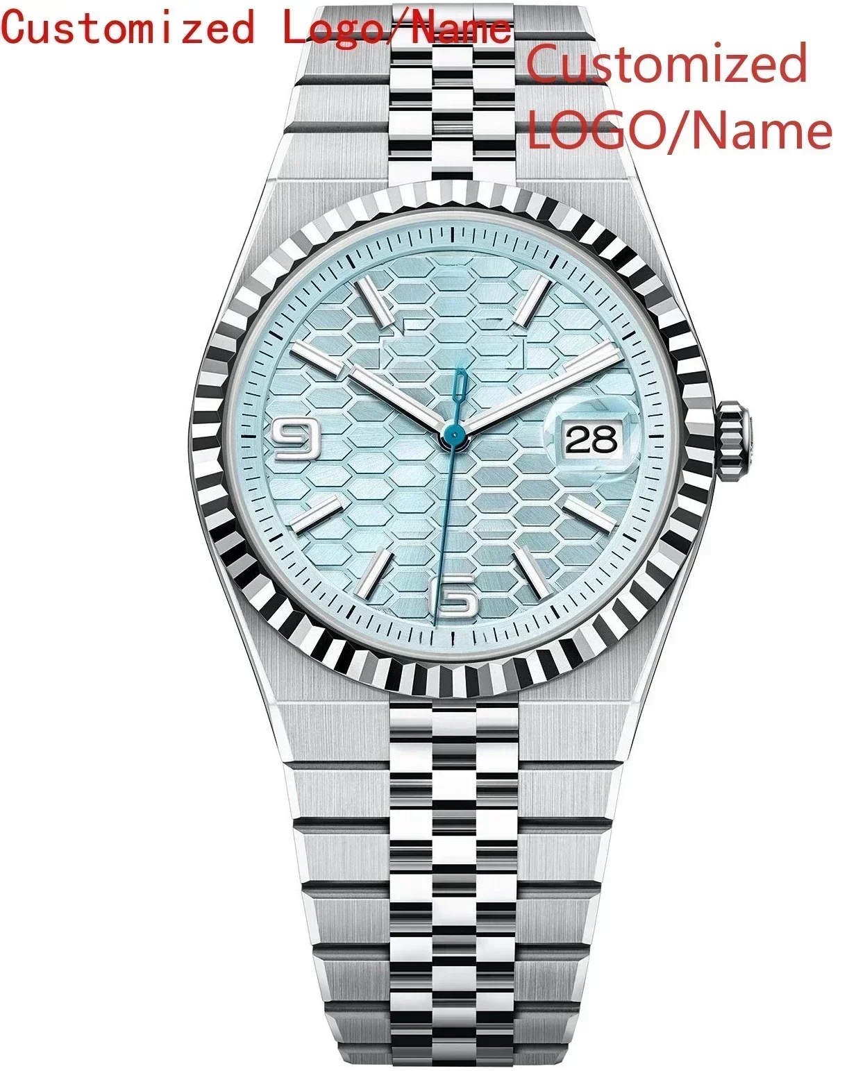 

DONGge Store Customized Watch Mens Women Automatic Mechanical Watches Stainless Steel Bracelet Casual Calendar White Blue