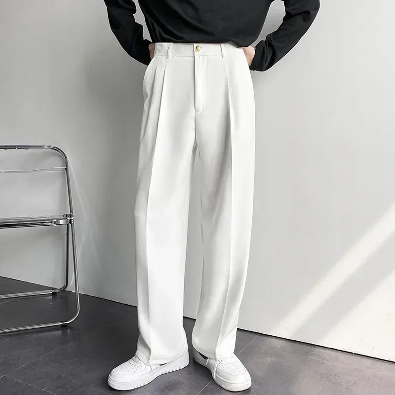 2024 Korean Fashion Men's Straight Loose Casual Trousers Trend Suit Pants White Black Khaki Wide Leg Long Pants Plus Size 36 38