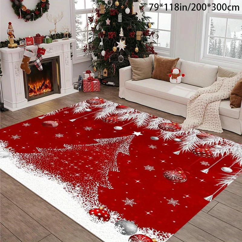 

Christmas Holiday Theme Area Rug, Machine Washable, Non-Slip, Low Pile Polyester Rectangular Rug, with Snowflake and Tree Design