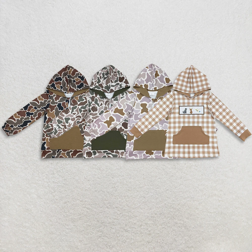 

Коричневая камуфляжная толстовка с вышивкой «Собака-утка» для маленьких мальчиков, толстовка с длинными рукавами и карманом на молнии, охотничья клетчатая детская куртка на молнии, наряд для мальчиков