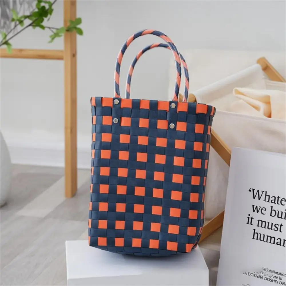 Retro Colorful Woven Tote Bag PVC Large Capacity Wicker Beach Bag with Handle Patchwork Striped Shopping Tote Basket Women