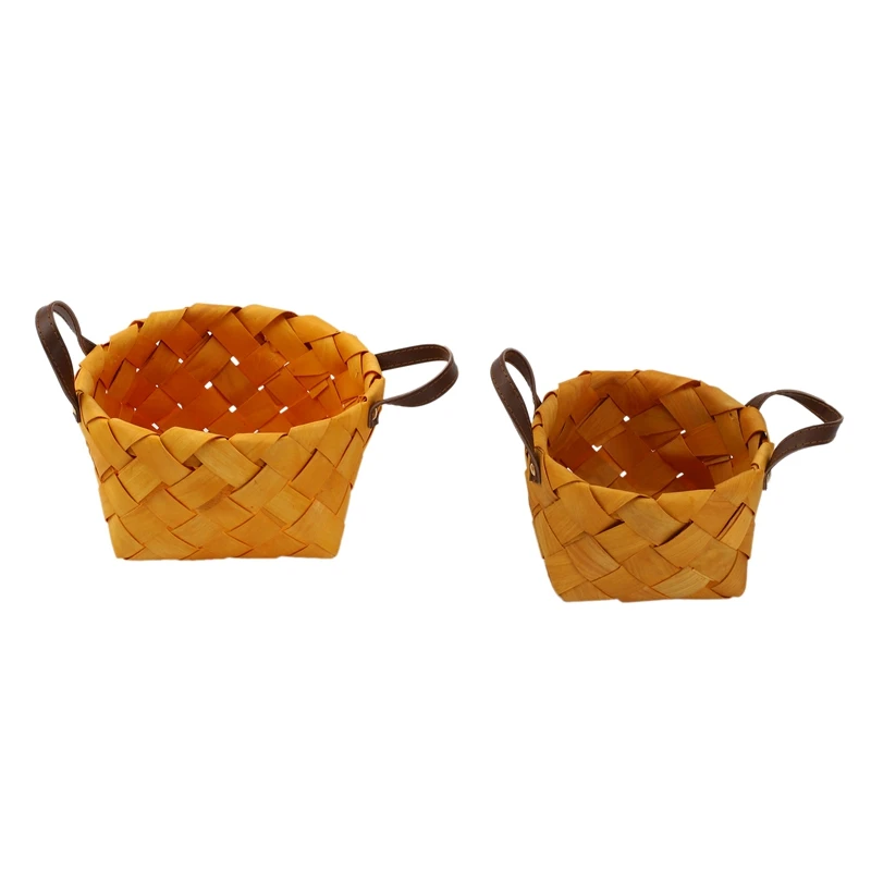 2 Pcs Hand Woven Bread Fruit Storage Basket Wood Chip Woven Storage Box Japanese Round Food Tray With Portable Home Decoration