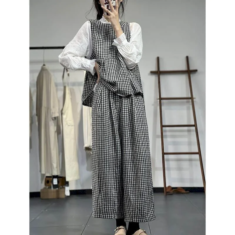 Casual Pants Set Loose Vintage Plaid Sleeveless O-neck Vests and Straight Pants Summer Korean Style Two Piece Set Women Outfits