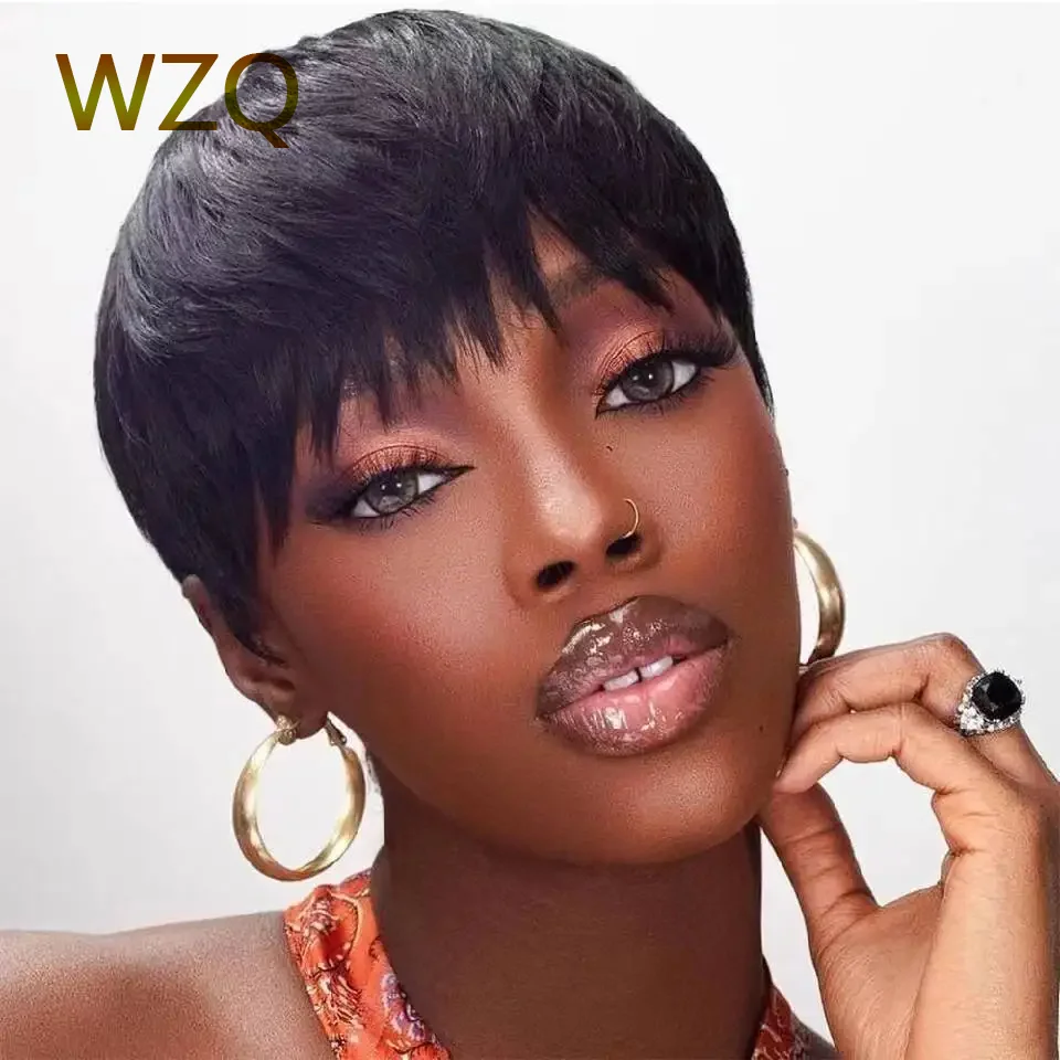 Glueless Short Pixie Cut Wig Human Hair Ready to Wear Brazilian Human Hair Wigs For Women Black Natural Color Full Machine Wigs