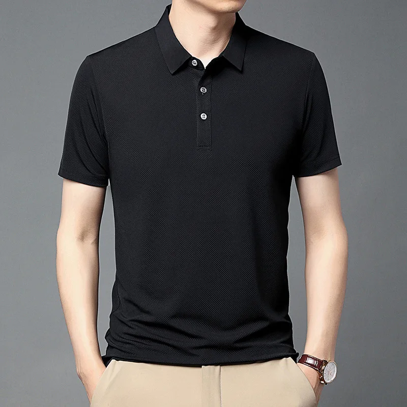 

European Summer Men's Clothing Solid Color Turn-down Collar Short Sleeve Breathable Loose Button Tee Shirt Casual Fashion Tops