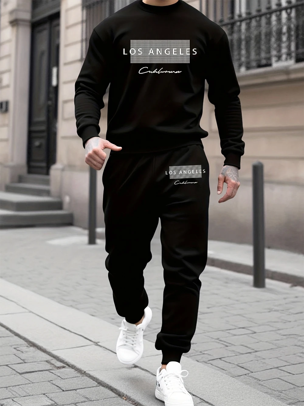 

2 Pcs Hoodie Set Men'S Los Angeles Style Printed Sweatpants Casual Crewneck Loose Hooded Sporty Pants Winter Fleece Warm Clothes