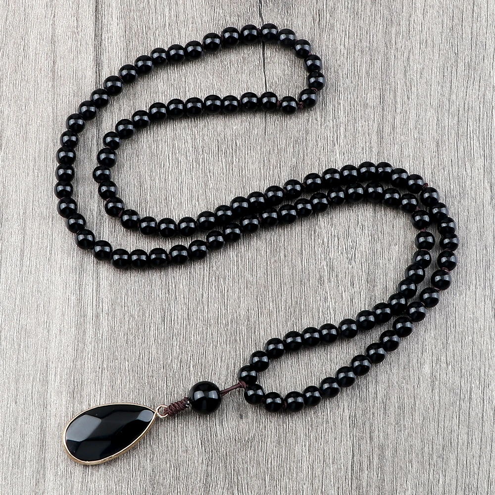 Black Obsidian Meditation Necklace For Men Natural Black Onyx 108 Mala Beads Pendnat Long Necklace Women Buddhist Prayer Jewelry