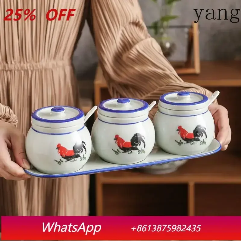 Retro ceramic rooster seasoning jar salt and monosodium glutamate seasoning jar household kitchen with lid spoon