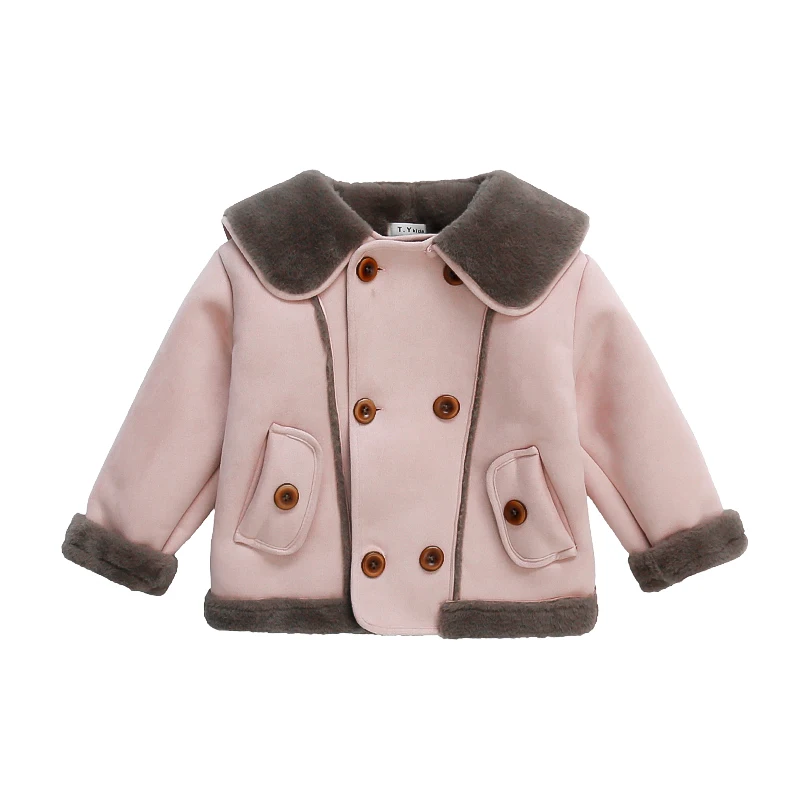 Jaqueta de shearling falsa para meninas, casaco quente duplo breasted com gola contrastante, agasalhos de inverno para meninas de 2 a 9 anos