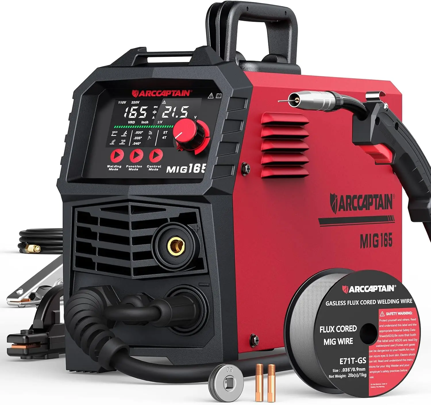 

165A MIG Welder 110V/220V, 2025 Newest Large LED Display 4-in-1 Gasless/Gas MIG/Lift TIG/Stick Welding Machine with Synergy