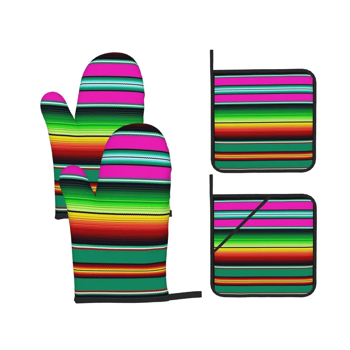Mexican Indigenous Blanket Oven Mitts and Pot Holder Sets of 4 for Baking Kitchen Cooking Grilling Resistant Non-Slip Gloves