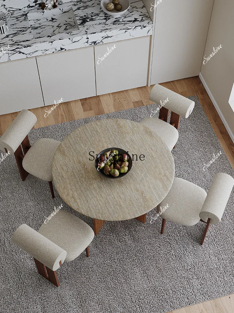 Wabi Sand Wind Medieval Round Dining Table and Chair Combination Household Living Room Small Unit Marble Solid Wood FT