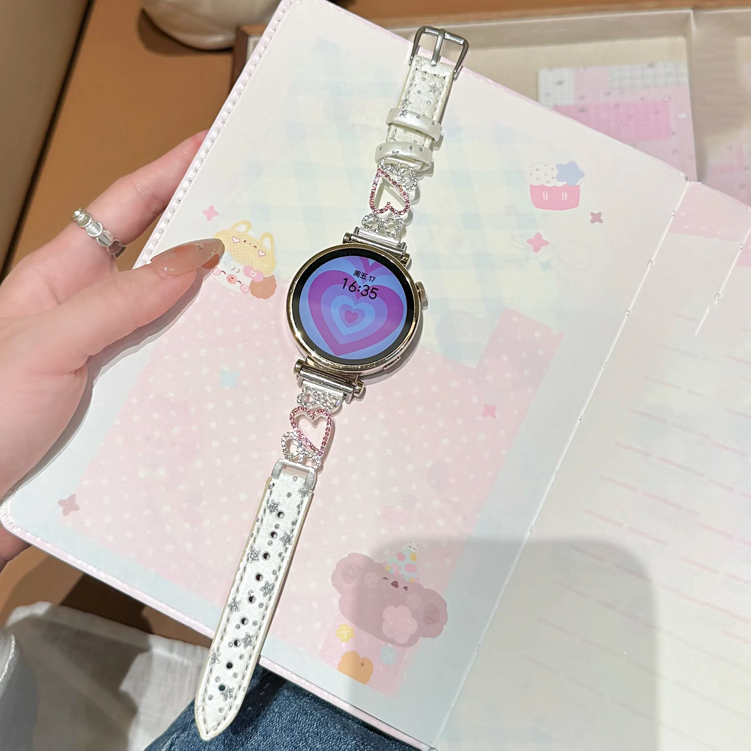 Universal 18 20 22mm Love Sparkling Diamond Set Leather Strap for Huawei Watch 11 10 9 8 Girls' Strap Fit3 4 5 4/5 Pro