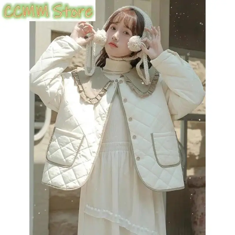 

Splicing Doll Collar Women's Cotton Coat Autumn Winter New Foreign Female Rhombic Design Thick Jacket Warm Velvet Overcoat