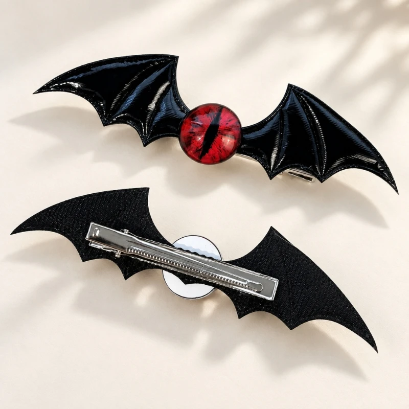 F92D Punk Bat Wing Hair Clip in PU Leather with Clip-On Back for Costume Event, Theme Party, and Halloween Celebration